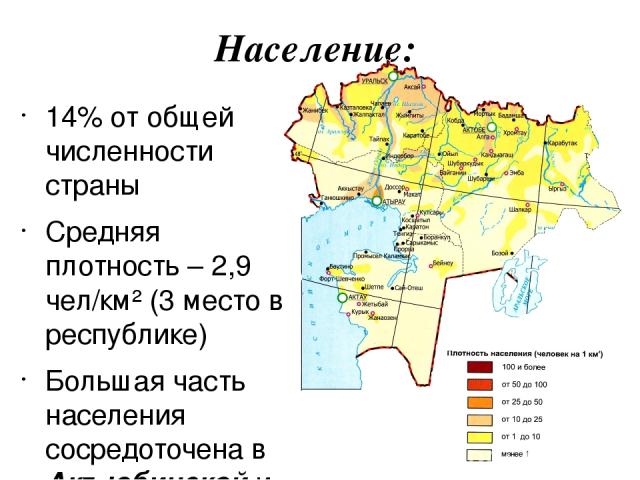 Население: 14% от общей численности страны Средняя плотность – 2,9 чел/км² (3 место в республике) Большая часть населения сосредоточена в Актюбинской и Западно-Казахстанской областях Преобладает городское население – более 58%. Экономически активное…