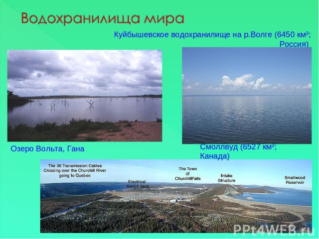 Озеро Вольта, Гана Смоллвуд (6527 км²; Канада) Куйбышевское водохранилище на р.Волге (6450 км²; Россия)