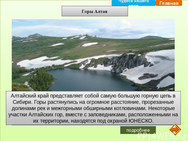 Горы Алтая Алтайский край представляет собой самую большую горную цепь в Сибири. Горы растянулись на огромное расстояние, прорезанные долинами рек и межгорными обширными котловинами. Некоторые участки Алтайских гор, вместе с заповедниками, расположе…
