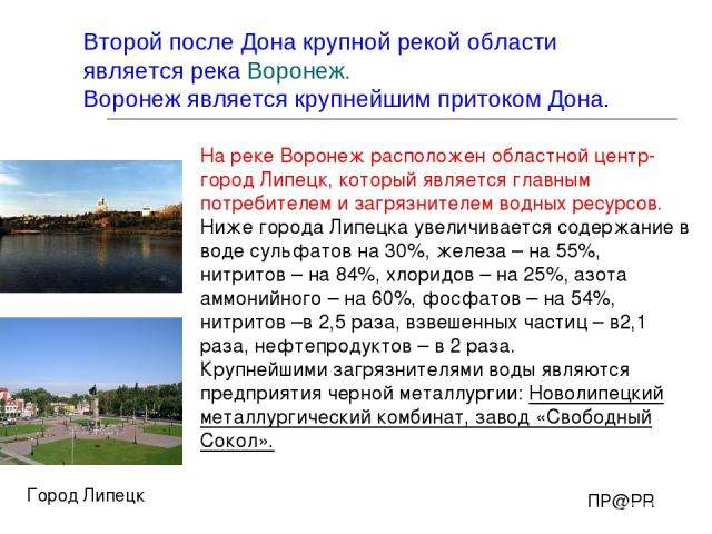 На реке Воронеж расположен областной центр-город Липецк, который является главным потребителем и загрязнителем водных ресурсов. Ниже города Липецка увеличивается содержание в воде сульфатов на 30%, железа – на 55%, нитритов – на 84%, хлоридов – на 2…
