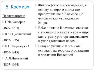 5. Космизм Представители: Н.Ф. Федоров (1829-1903) К.Э. Циолковский (1857-1935)