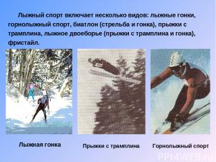 Лыжный спорт включает несколько видов: лыжные гонки, горнолыжный спорт, биатлон