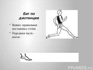Бег по дистанции Важно: правильная постановка стопы Передняя часть – носок.