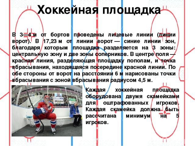 Хоккейная площадка В 3—4 м от бортов проведены лицевые линии (линии ворот). В 17,23 м от линии ворот — синие линии зон, благодаря которым площадка разделяется на 3 зоны: центральную зону и две зоны соперников. В центре поля — красная линия, разделяю…