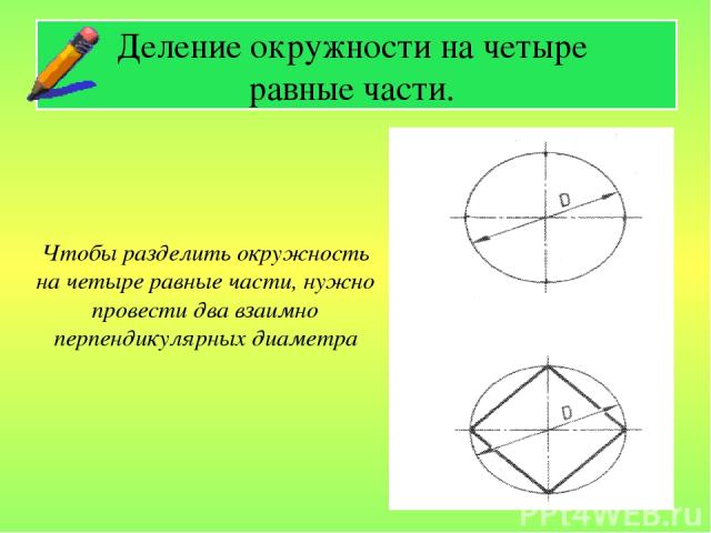 Деление окружности на четыре равные части. Чтобы разделить окружность на четыре равные части, нужно провести два взаимно перпендикулярных диаметра