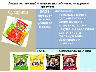 Анализ состава наиболее часто употребляемых учащимися продуктов Сухарики Е621- г