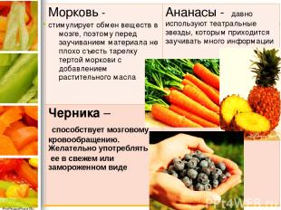 Морковь - стимулирует обмен веществ в мозге, поэтому перед заучиванием материала