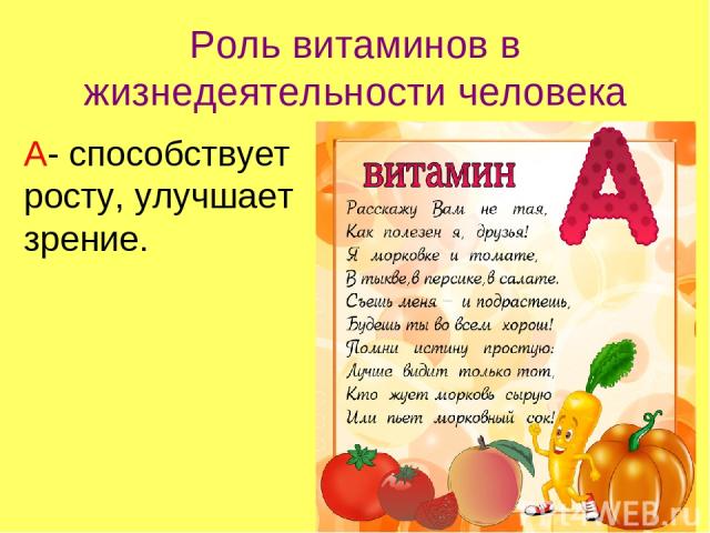 Роль витаминов в жизнедеятельности человека А- способствует росту, улучшает зрение.