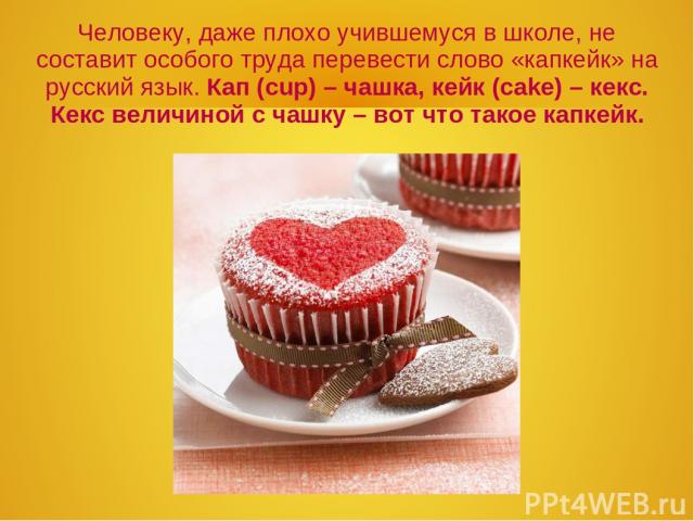 Человеку, даже плохо учившемуся в школе, не составит особого труда перевести слово «капкейк» на русский язык. Кап (cup) – чашка, кейк (cake) – кекс. Кекс величиной с чашку – вот что такое капкейк.