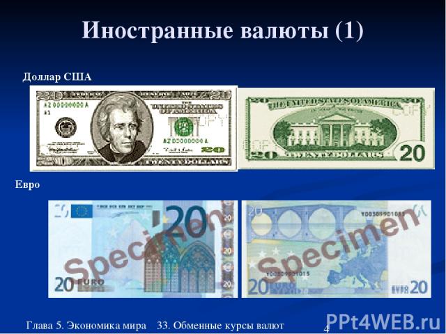 Глава 5. Экономика мира 33. Обменные курсы валют Иностранные валюты (1) Доллар США Евро