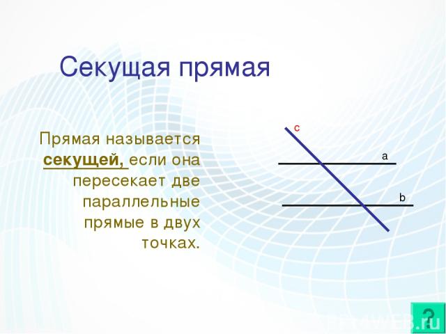 Секущая прямая Прямая называется секущей, если она пересекает две параллельные прямые в двух точках. c a b