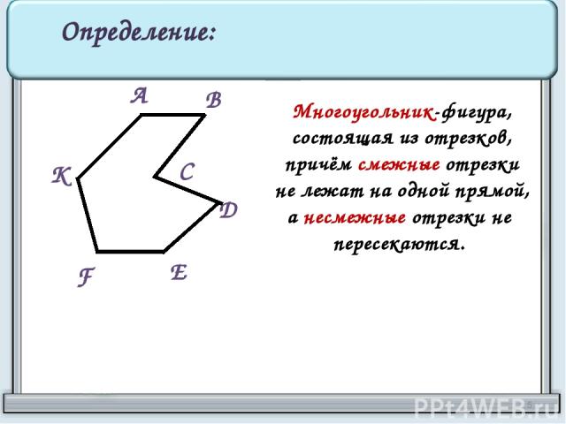 Многоугольник-фигура, состоящая из отрезков, причём смежные отрезки не лежат на одной прямой, а несмежные отрезки не пересекаются. Определение: А В С D Е F К *