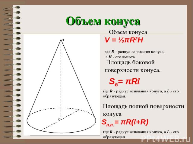 Объем конуса V = ⅓πR2H где R - радиус основания конуса, а H - его высота. Объем конуса   Площадь боковой поверхности конуса. Sб= πRl где R - радиус основания конуса, а L - его образующая. Площадь полной поверхности конуса Sп.п.= πR(l+R) где R - ради…