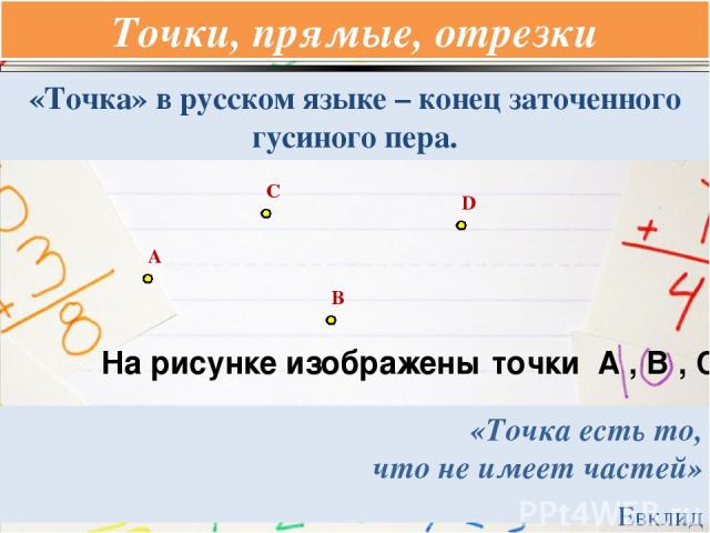 Точки, прямые, отрезки «Точка» в русском языке – конец заточенного гусиного пера. A C B D «Точка есть то, что не имеет частей» Евклид На рисунке изображены точки А , В , С и D.