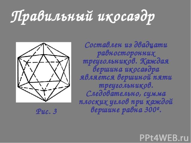 Правильный икосаэдр Составлен из двадцати равносторонних треугольников. Каждая вершина икосаэдра является вершиной пяти треугольников. Следовательно, сумма плоских углов при каждой вершине равна 300º. Рис. 3