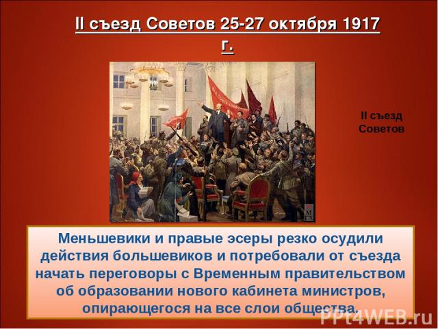 Вечером 25 октября открылся II Всероссийский съезд Советов рабочих и солдатских депутатов. Большинство составляли большевики и левые эсеры, поддерживавшие план вооруженного восстания. Меньшевики и правые эсеры резко осудили действия большевиков и по…