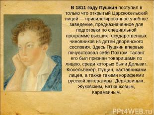 В 1811 году Пушкин поступил в только что открытый Царскосельский лицей — привиле