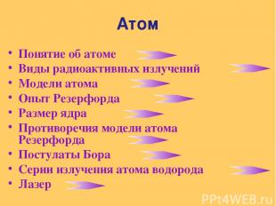 Атом Понятие об атоме Виды радиоактивных излучений Модели атома Опыт Резерфорда