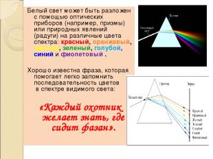 Белый свет может быть разложен с помощью оптических приборов (например, призмы)