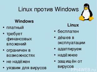 Linux против Windows Linux бесплатен дёшев в эксплуатации адаптируем надёжнее за