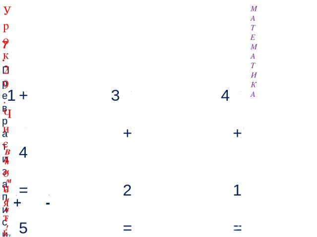 + 4 = 5 5 - 4 = 1 3 + 2 = 5 5 - 3 = 2 4 + 1 = 5 5 - 1 = 4 МАТЕМАТИКА 7. Преврати записи Кати в верные равенства. Запиши в «окошках » знаки действий (+, - ). Урок 29. Число пять. Цифра 5 + Внимание! Данное задание можно выполнить интерактивно. Для эт…