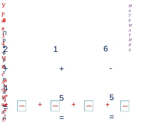 2 + 4 = 6 6 - 3 = 3 1 + 5 = 6 6 - 2 = 4 6 - 5 = 1 3 + 1 = 4 8. Преврати записи Вовы в верные равенства. Запиши в «окошках» знаки действий (+, - ). МАТЕМАТИКА + + + + Внимание! Данное задание можно выполнить интерактивно. Для этого презентацию надо п…
