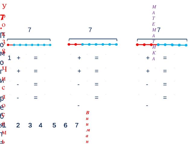 2 + 5 = 7 5 + 2 = 7 1 + 6 = 7 6 + 1 = 7 7 - 2 = 5 7 - 5 = 2 7 - 1 = 6 7 - 6 = 1 7 7 Внимание! Данное задание можно выполнить интерактивно. Для этого презентацию надо перевести в режим редактирования. 5 1 2 3 4 6 5 1 2 3 4 6 5 1 2 3 4 6 5 1 2 3 4 6 5…