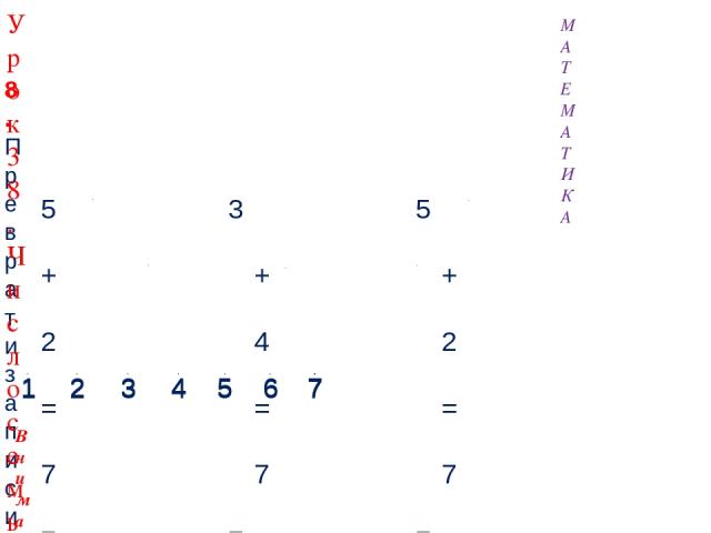 5 + 2 = 7 7 – 1 = 6 3 + 4 = 7 7 – 5 = 2 5 + 2 = 7 7 – 4 = 3 8. Преврати записи Кати в верные равенства. Внимание! Данное задание можно выполнить интерактивно. Для этого презентацию надо перевести в режим редактирования. 1 2 3 4 5 6 7 7 1 2 3 4 5 6 7…