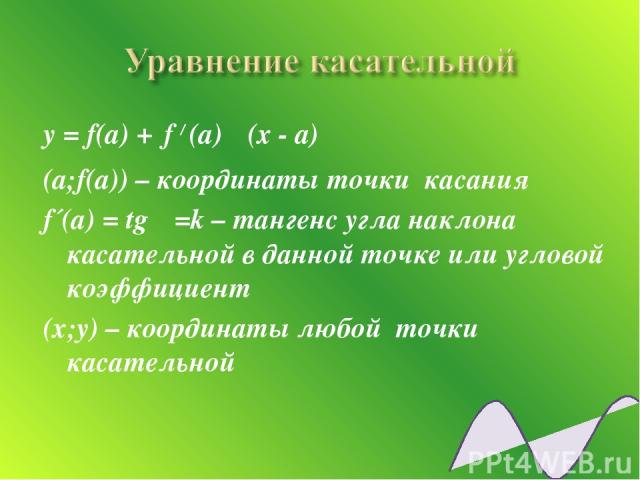 y = f(a) + f / (a) · (x - a) (a;f(a)) – координаты точки касания f´(a) = tgα =k – тангенс угла наклона касательной в данной точке или угловой коэффициент (х;у) – координаты любой точки касательной