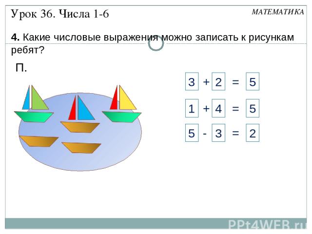4. Какие числовые выражения можно записать к рисункам ребят? П. Урок 36. Числа 1-6 МАТЕМАТИКА 3 + 2 = 5 1 + 4 = 5 5 - 3 = 2