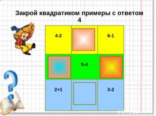 Закрой квадратиком примеры с ответом 4 4-2 3+1 6-1 5-1 5-4 1+3 2+1 2+2 3-2
