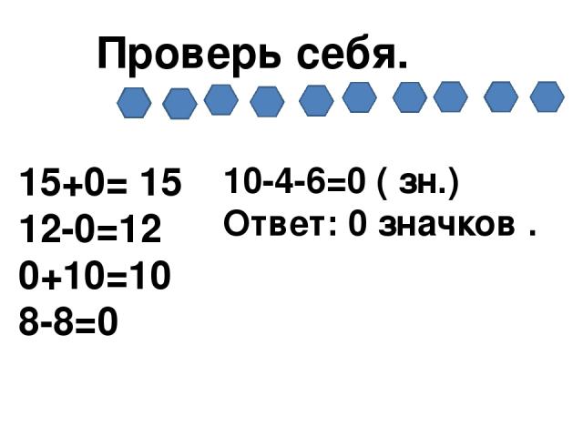 Проверь себя. 15+0= 15 12-0=12 0+10=10 8-8=0 10-4-6=0 ( зн.) Ответ: 0 значков .