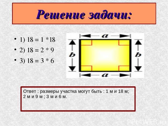 Решение задачи: 1) 18 = 1 *18 2) 18 = 2 * 9 3) 18 = 3 * 6 Ответ : размеры участка могут быть : 1 м и 18 м; 2 м и 9 м ; 3 м и 6 м.