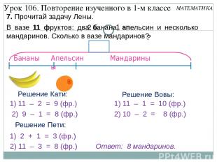 7. Прочитай задачу Лены. В вазе 11 фруктов: два банана, апельсин и несколько ман