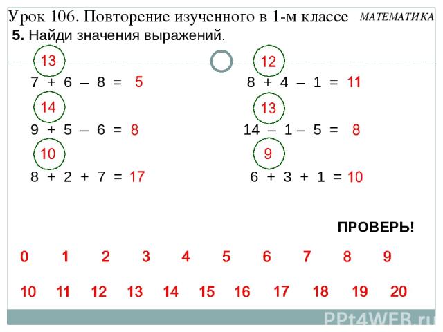 5. Найди значения выражений. 7 + 6 – 8 = 9 + 5 – 6 = 8 + 2 + 7 = 8 + 4 – 1 = 6 + 3 + 1 = 14 – 1 – 5 = ПРОВЕРЬ! Урок 106. Повторение изученного в 1-м классе МАТЕМАТИКА