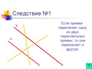 Следствие №1 Если прямая пересекает одну из двух параллельных прямых, то она пер
