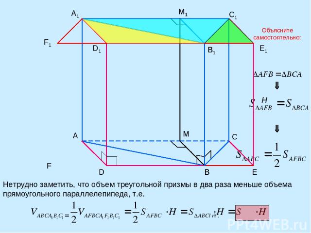 A B C A1 B1 C1 D1 E1 D E M M1 Нетрудно заметить, что объем треугольной призмы в два раза меньше объема прямоугольного параллелепипеда, т.е. H B1 B M1 M Объясните самостоятельно: F1 F