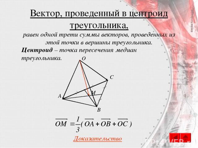 Вектор, проведенный в центроид треугольника, Центроид – точка пересечения медиан треугольника. С O A B M Доказательство равен одной трети суммы векторов, проведенных из этой точки в вершины треугольника.