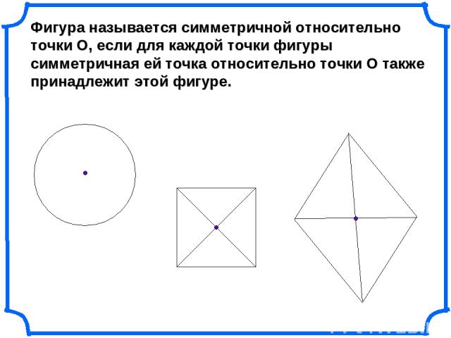 Фигура называется симметричной относительно точки О, если для каждой точки фигуры симметричная ей точка относительно точки О также принадлежит этой фигуре.