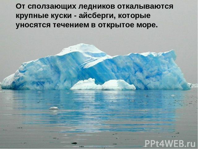 От сползающих ледников откалываются крупные куски - айсберги, которые уносятся течением в открытое море.