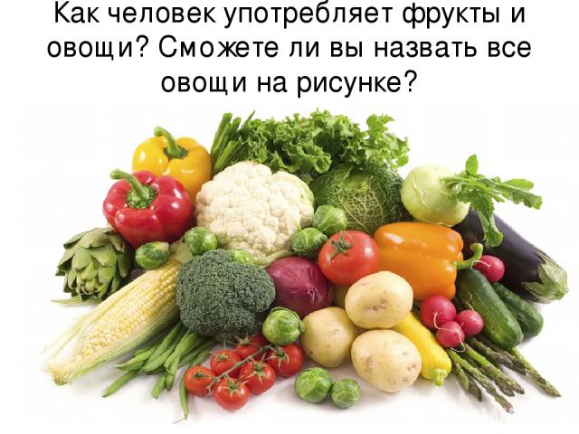 Как человек употребляет фрукты и овощи? Сможете ли вы назвать все овощи на рисунке?