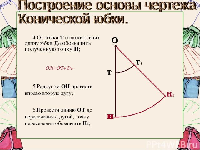 От точки Т отложить вниз длину юбки Ди, обозначить полученную точку Н; ОН=ОТ+ДИ Радиусом ОН провести вправо вторую дугу; Провести линию ОТ до пересечения с дугой, точку пересечения обозначить Н1;