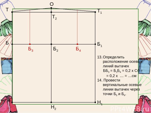 Т Б Н Б1 Т1 Н1 Б2 Т2 Н2 О Определить расположение осевых линий вытачек ББ3 = Б1Б4 = 0,2 х Сб = = 0,2 х … = …см 14. Провести вертикальные осевые линии вытачек через точки Б3 и Б4. Б3 Б4
