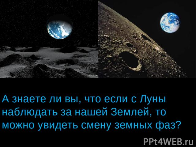 А знаете ли вы, что если с Луны наблюдать за нашей Землей, то можно увидеть смену земных фаз?