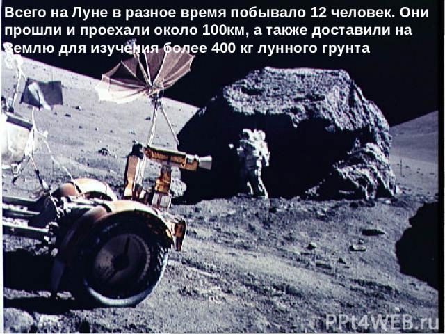 20 июля 1969 года на Луне побывал первый человек – американский астронавт Нил Армстронг Всего на Луне в разное время побывало 12 человек. Они прошли и проехали около 100км, а также доставили на Землю для изучения более 400 кг лунного грунта