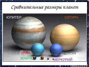 Сравнительные размеры планет ЮПИТЕР САТУРН УРАН НЕПТУН ЗЕМЛЯ МЕРКУРИЙ