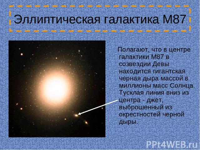 Эллиптическая галактика М87 Полагают, что в центре галактики M87 в созвездии Девы находится гигантская черная дыра массой в миллионы масс Солнца. Тусклая линия вниз из центра - джет, выброшенный из окрестностей черной дыры.