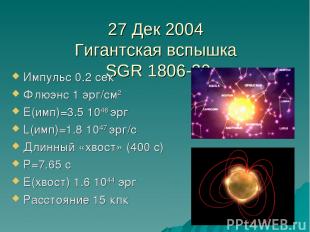 27 Дек 2004 Гигантская вспышка SGR 1806-20 Импульс 0.2 сек Флюэнс 1 эрг/см2 E(им