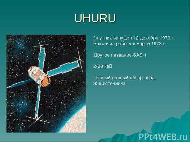UHURU Спутник запущен 12 декабря 1970 г. Закончил работу в марте 1973 г. Другое название SAS-1 2-20 кэВ Первый полный обзор неба. 339 источника.