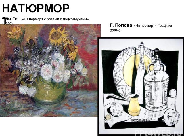 НАТЮРМОРТ Ван Гог «Натюрморт с розами и подсолнухами» (1889)   Г. Попова «Натюрморт» Графика (2004)